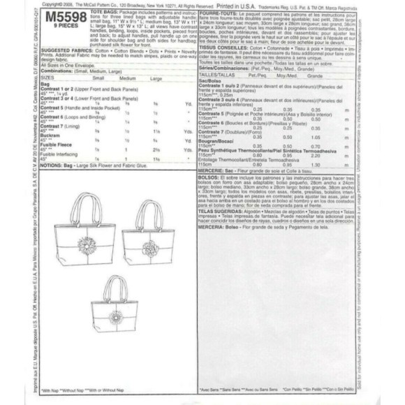 Vintage 2008 McCalls 5598 Sewing Pattern - 3 Size Lined Totes - Kay Whitt Design - Picture 3 of 3